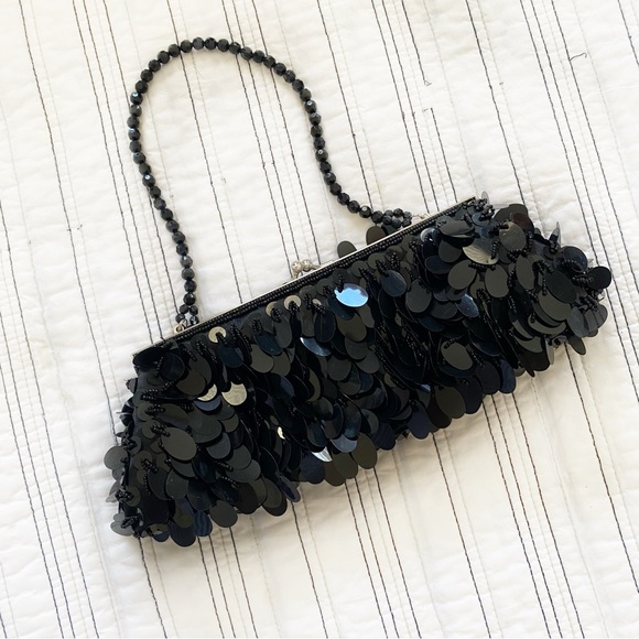 Handbags - Vintage Black Disc Sequin Evening Party Clutch Bag with Detachable Chain